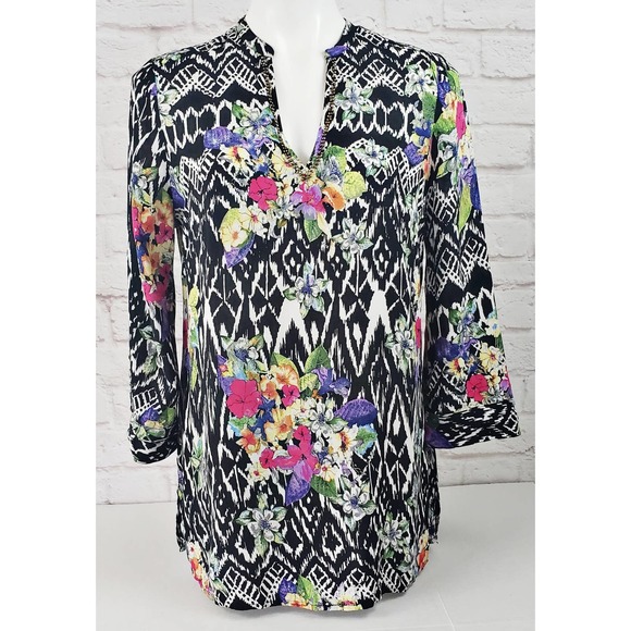 Nicole by Nicole Miller Miller Floral V-Neck Tunic/Top w/Roll Tab Sleeves~Medium - Picture 1 of 8